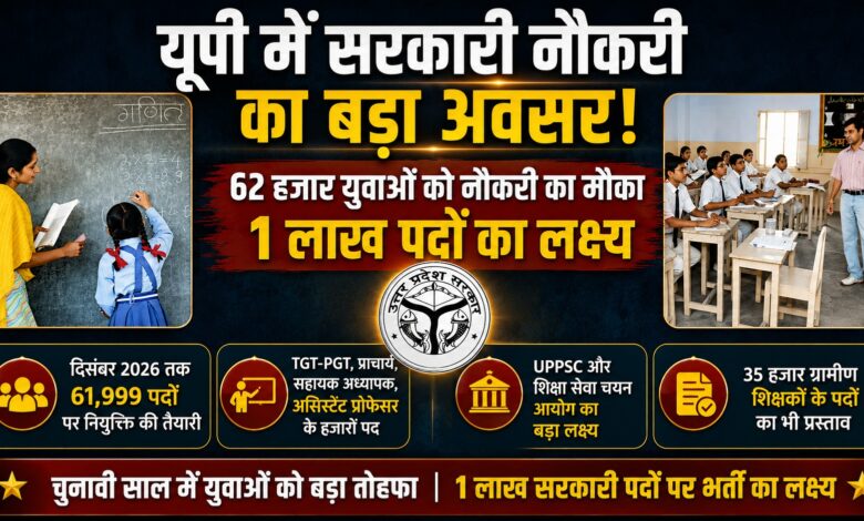 यूपी में सरकारी नौकरियों का बड़ा अभियान, 2026 में 62 हजार पदों पर भर्ती की तैयारी; 1 लाख पदों का लक्ष्य यूपी में सरकारी नौकरियों का बड़ा अभियान, 2026 में 62 हजार पदों पर भर्ती की तैयारी; 1 लाख पदों का लक्ष्य