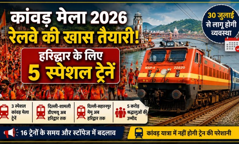 कांवड़ यात्रा में नहीं होगी ट्रेन की परेशानी, रेलवे ने जारी किया 5 स्पेशल ट्रेनों का प्लान कांवड़ यात्रा में नहीं होगी ट्रेन की परेशानी, रेलवे ने जारी किया 5 स्पेशल ट्रेनों का प्लान