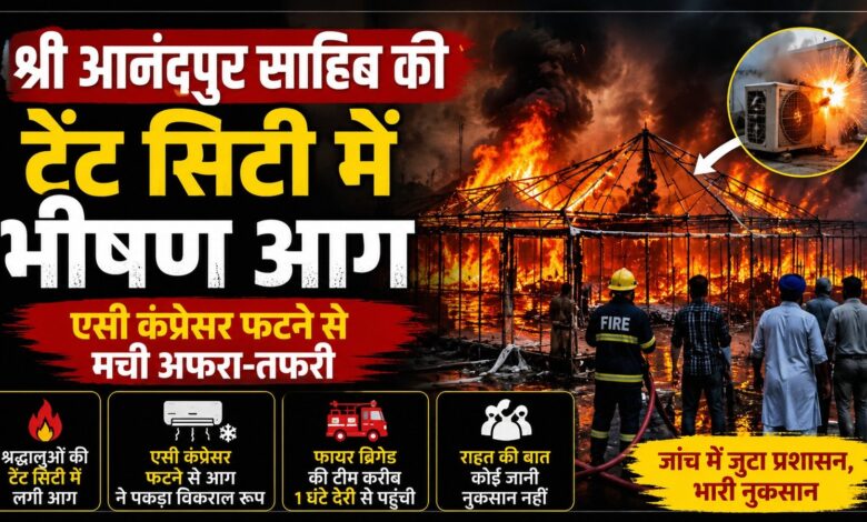 श्री आनंदपुर साहिब की टेंट सिटी में भीषण आग, एसी कंप्रेसर फटने से मची अफरा-तफरी श्री आनंदपुर साहिब की टेंट सिटी में भीषण आग, एसी कंप्रेसर फटने से मची अफरा-तफरी