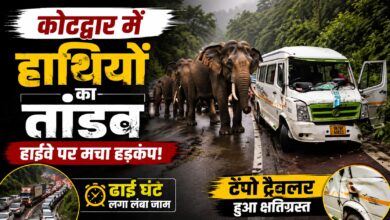 लैंसडौन वन प्रभाग की कोटद्वार रेंज में हाथियों ने हाईवे पर रोका ट्रैफिक, कई वाहनों को नुकसान; 2.5 घंटे बाद खुला रास्ता