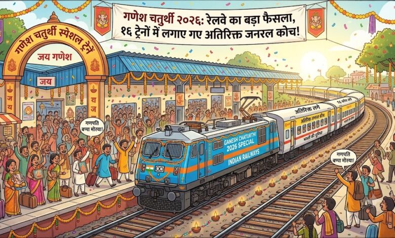 रेल यात्रियों के लिए बड़ी खबर, गणेश चतुर्थी पर इन 16 ट्रेनों में मिलेंगे अतिरिक्त जनरल कोच रेल यात्रियों के लिए बड़ी खबर, गणेश चतुर्थी पर इन 16 ट्रेनों में मिलेंगे अतिरिक्त जनरल कोच