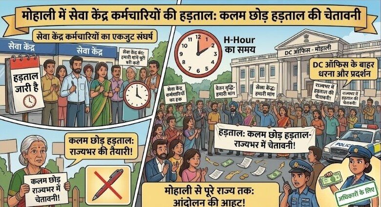 मोहाली में सेवा केंद्र कर्मचारियों की हड़ताल, DC ऑफिस के बाहर धरना; राज्यभर में कलम छोड़ हड़ताल की चेतावनी